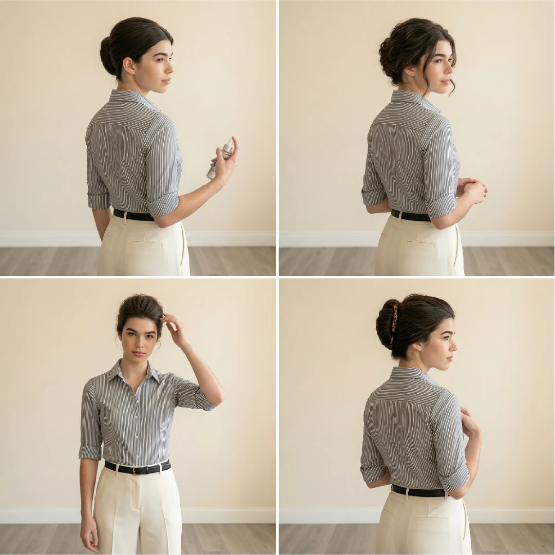 Four panel comparison showing french twist bun technique for sleek, messy, wispy, and accessorized styles