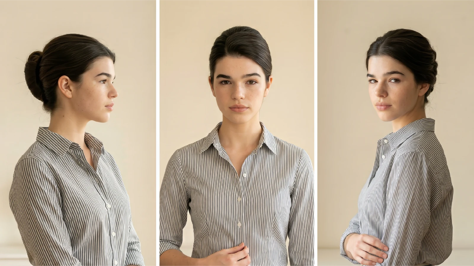 Woman wearing a sleek french twist bun shown from front, side, and angle views