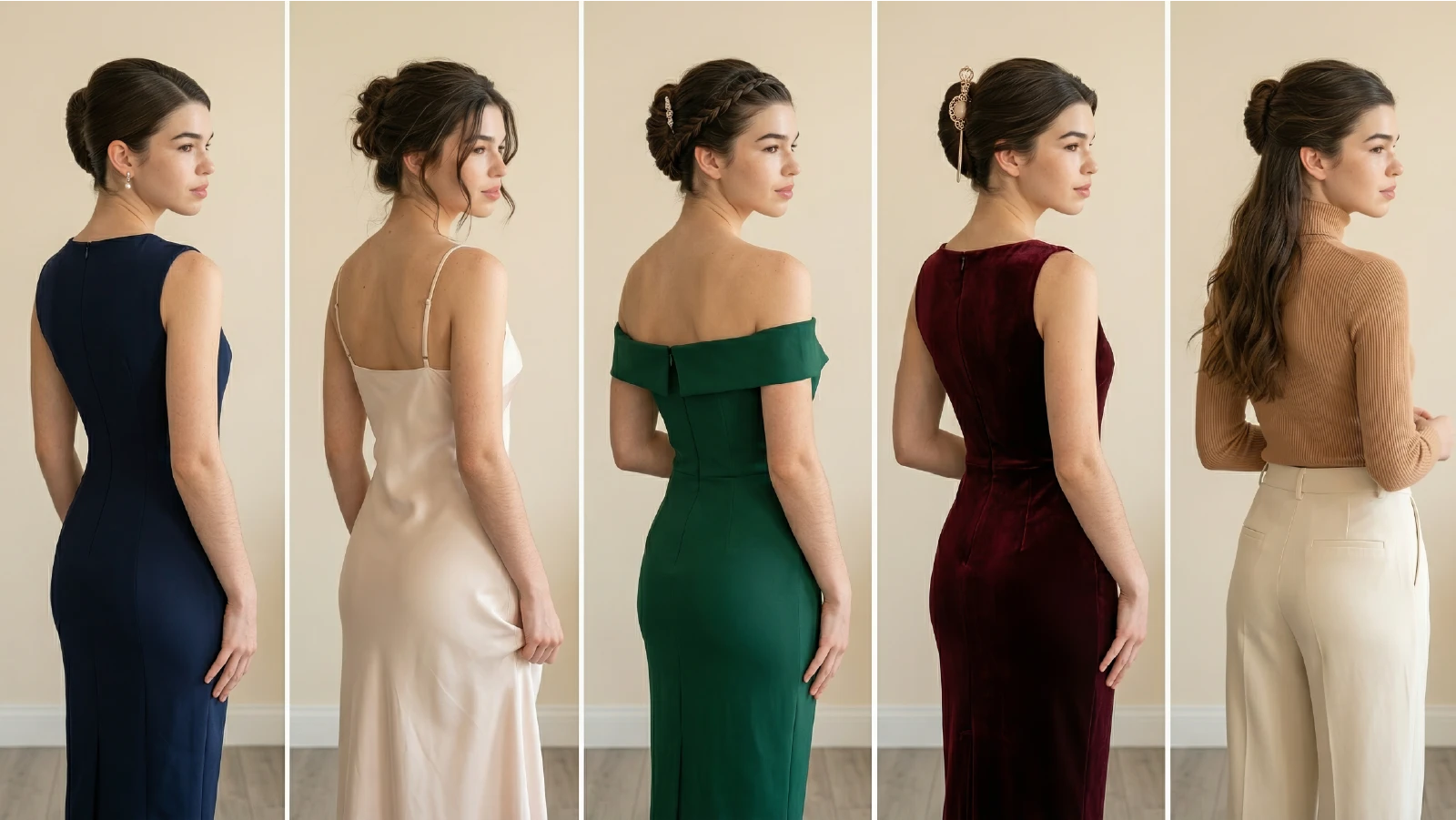 Five french twist bun variations from sleek to messy shown with navy, champagne, green, burgundy, and casual outfits