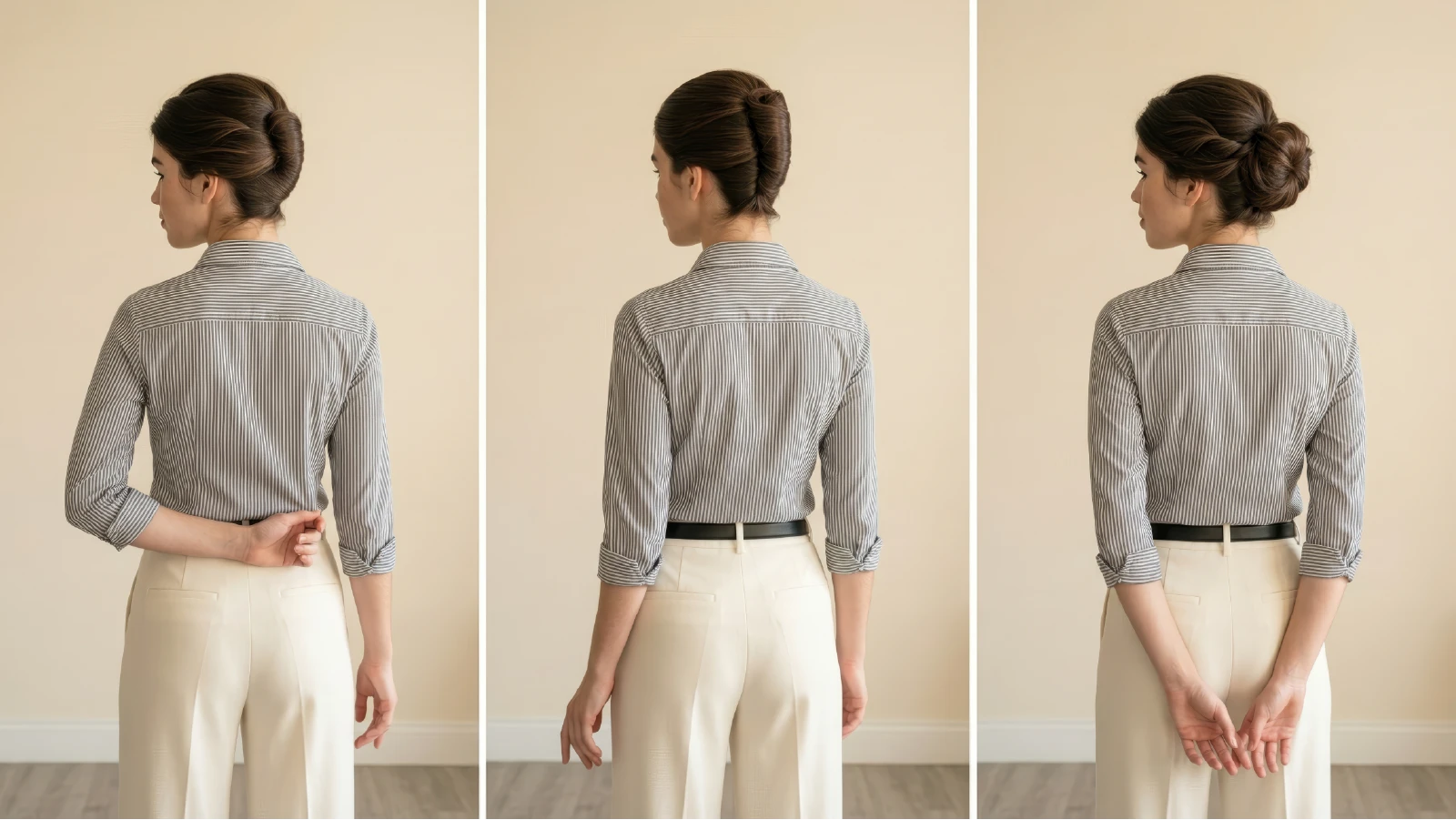 Three back views comparing french twist, french roll, and french bun hairstyles