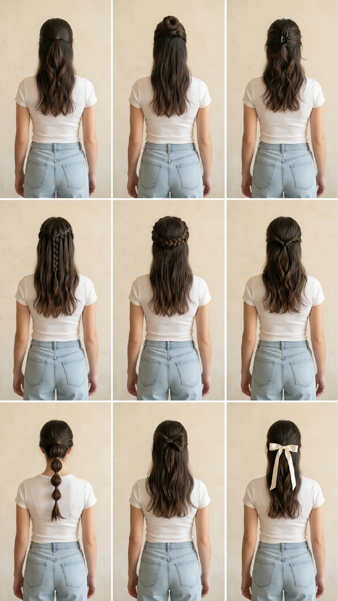 Nine half up half down hairstyle variations shown from the back including half ponytail, half bun, claw clip, waterfall braid, halo braid, twisted half up, bubble ponytail, bow, and ribbon tied