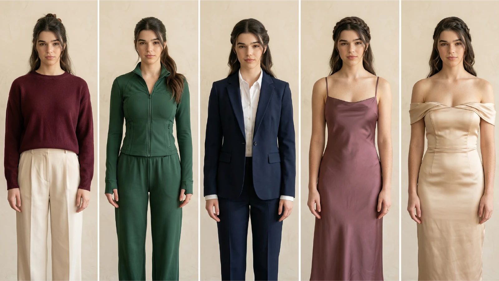 Five half up half down hairstyles styled for different occasions from casual to formal including claw clip, ponytail, office twist, wedding braid, and romantic waterfall style