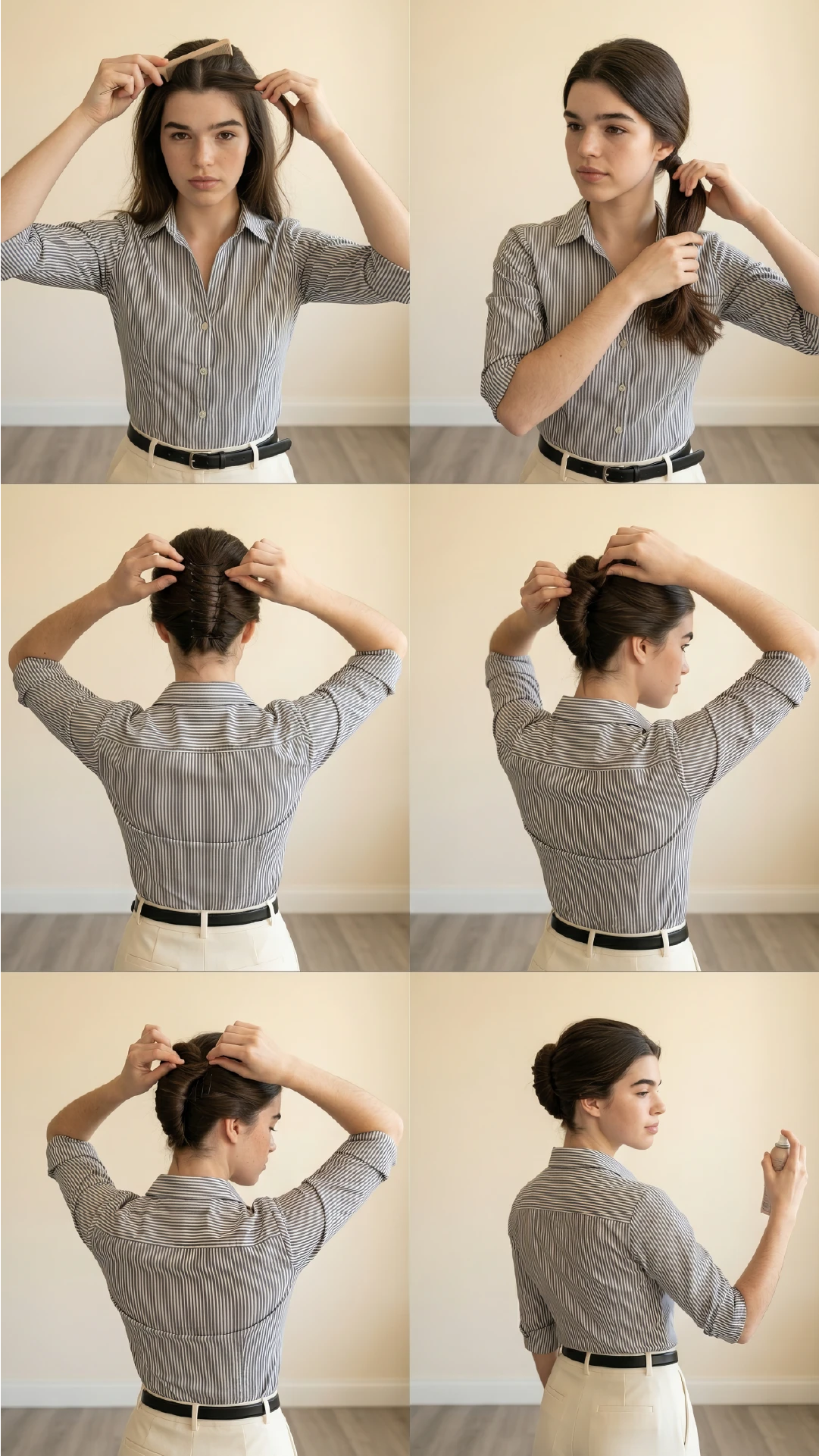 Six step tutorial showing how to create a french twist bun from sectioning to finished style