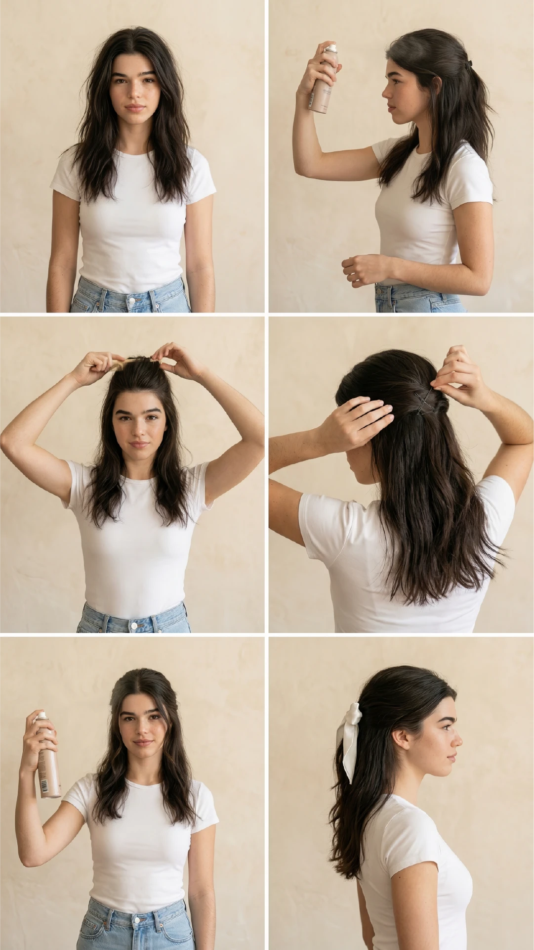 Six step tutorial showing how to prep and finish a half up half down hairstyle using texturizing spray, bobby pins, and hairspray