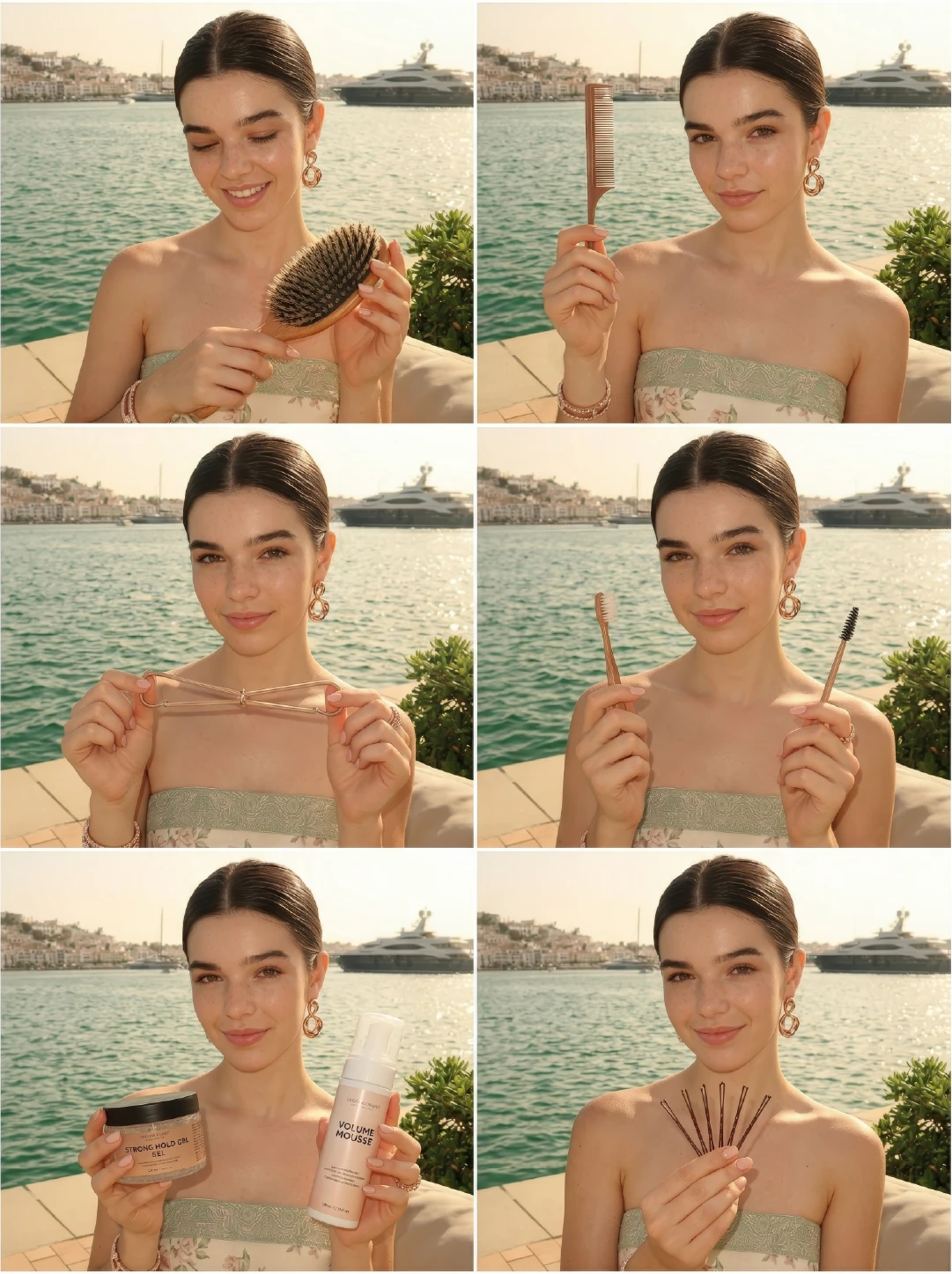 Six essential tools for a slicked back bun — boar bristle brush, rat tail comb, bobby pins, spoolie brush, strong hold gel, and volume mousse.