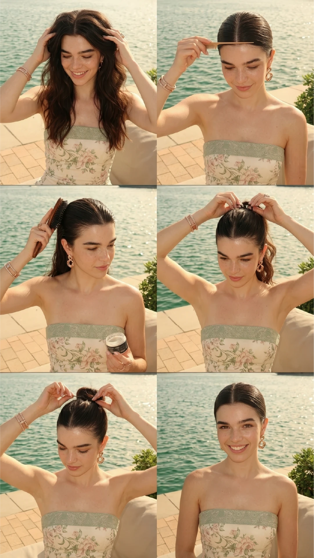 Six steps to do a slicked back bun — starting with loose waves, combing a clean part, brushing back with gel, gathering hair, forming the bun, and the finished sleek look.