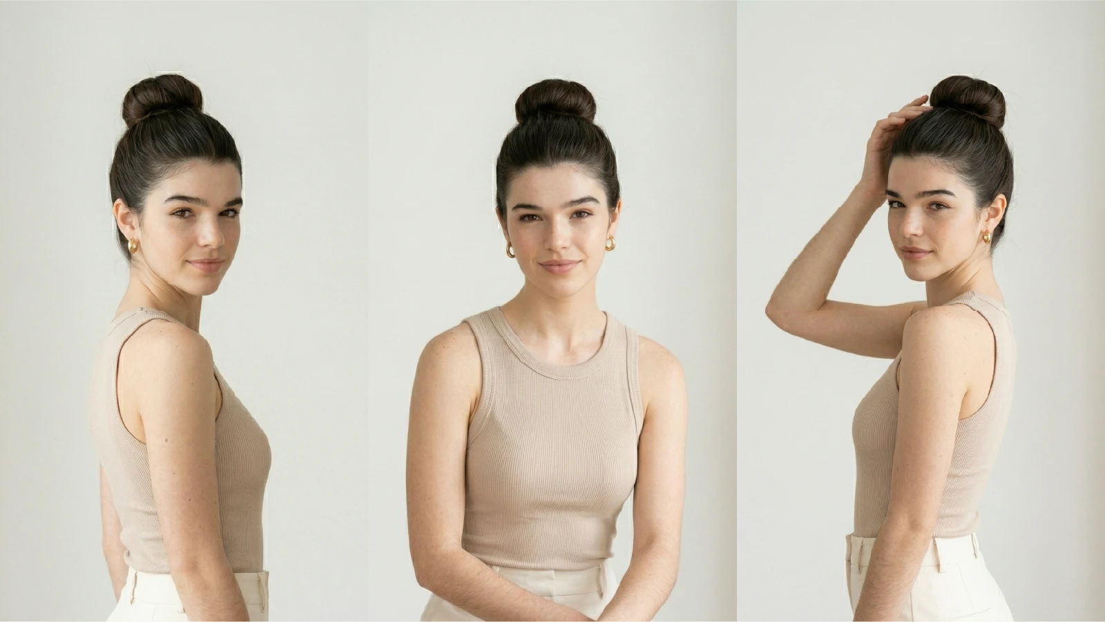 Sock bun hairstyle shown from left side, front, and right side view on brunette hair