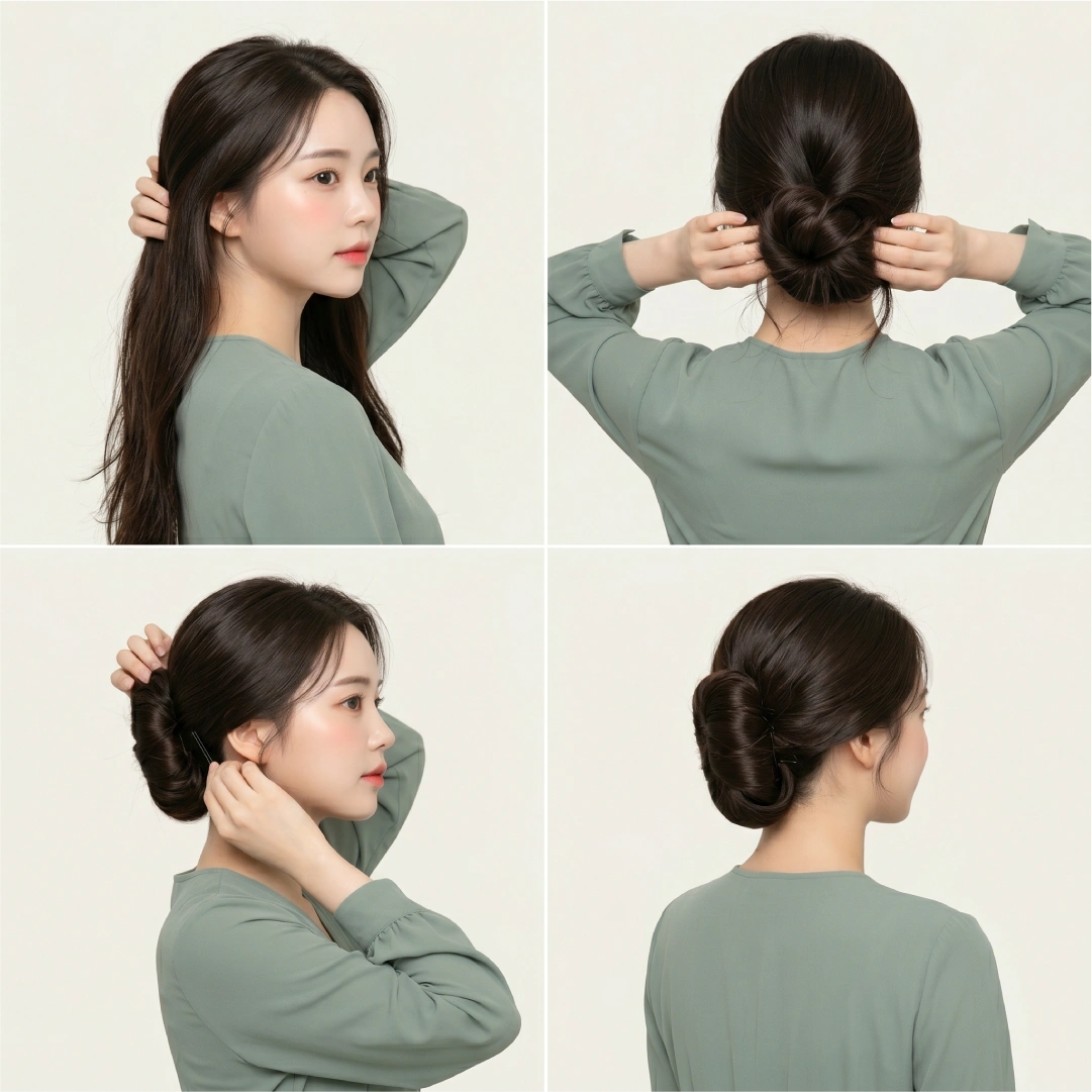 Four-step chignon bun tutorial for color-treated hair showing gentle side gathering, soft bobby pin roll from back, loose side rolling, and finished sleek low chignon from back