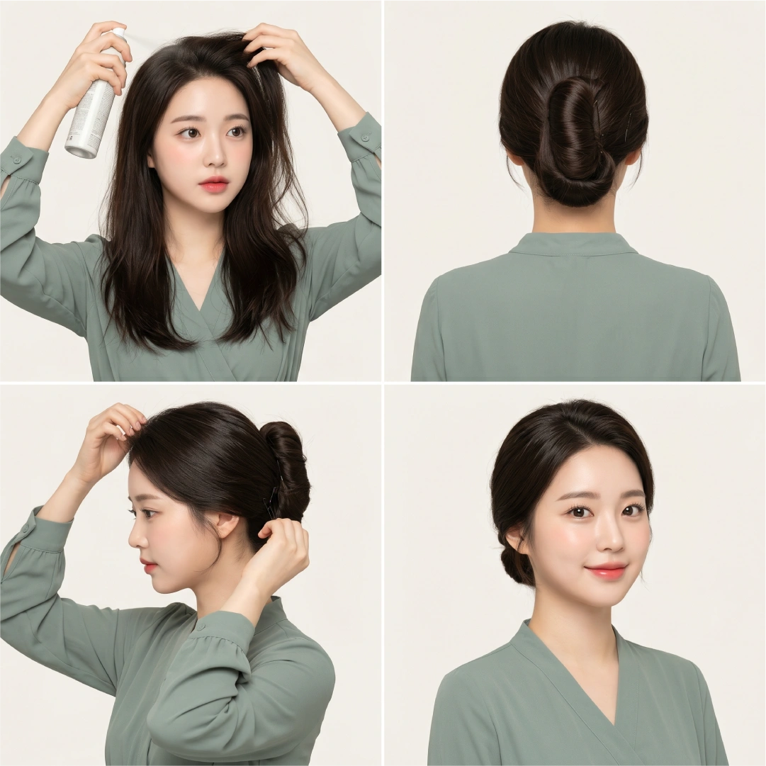 Four-step chignon bun tutorial for fine hair showing hairspray at roots, sleek back roll secured with bobby pins, claw clip side placement, and polished finished front view