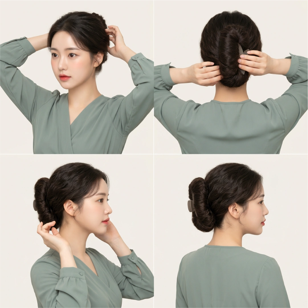 Four-step chignon bun tutorial for natural coily hair showing stretched updo gathering, claw clip securing from back, side roll pinning, and finished low bun from side