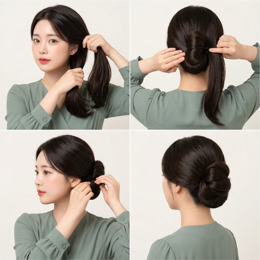 Four-step chignon bun tutorial for thick hair showing hair gathering, double-layer roll pinning from back, side rolling, and voluminous finished chignon from back
