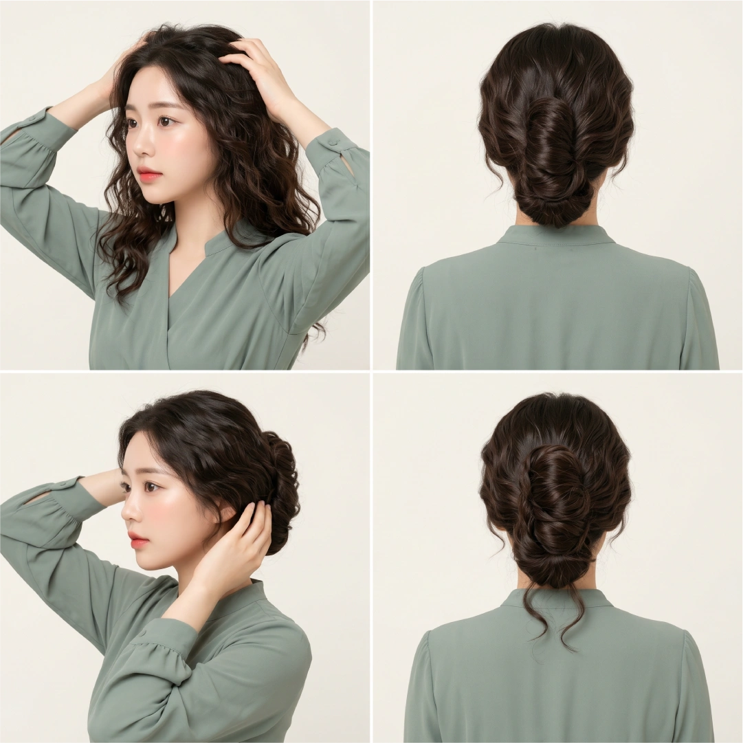 Four-step chignon bun tutorial for wavy curly hair showing curl cream application, textured back roll, side pinning, and finished wavy chignon from back