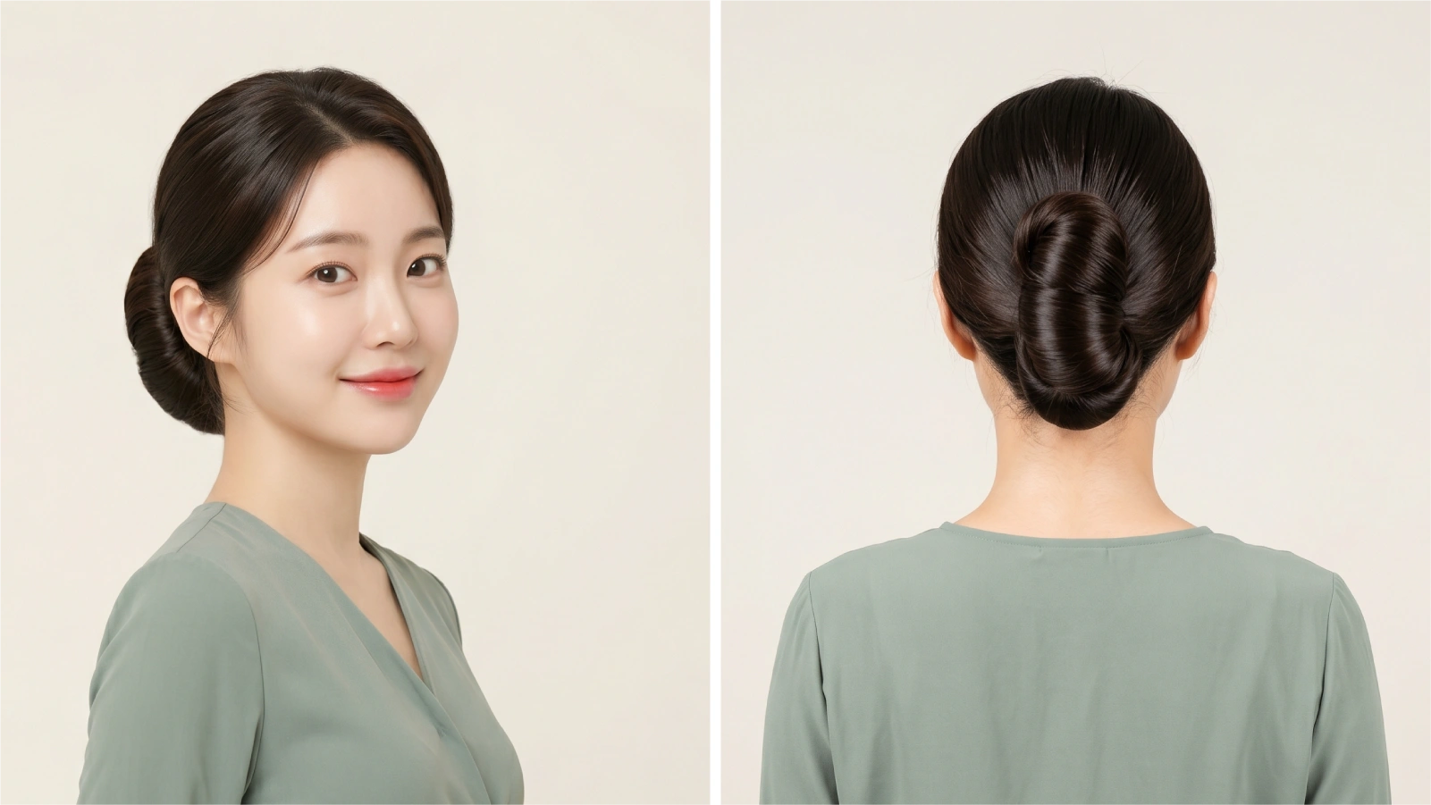 Finished banana bun at the nape shown from side and back on dark straight hair