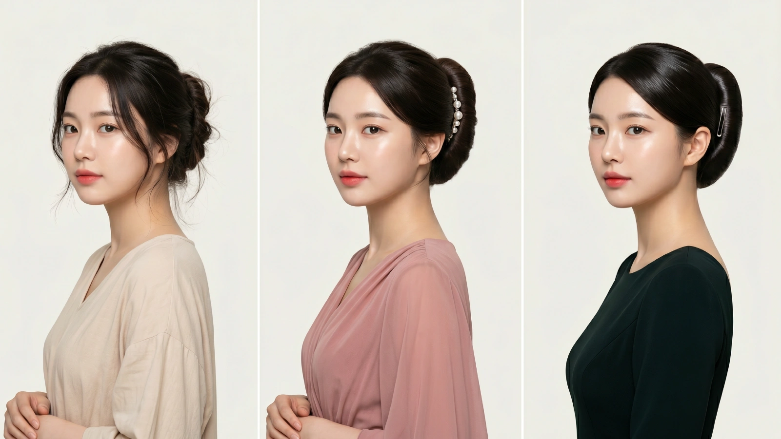 Three banana bun occasion styles shown from side profile: loose casual bun, pearl-pinned wedding guest bun, and sleek evening bun with metallic pin