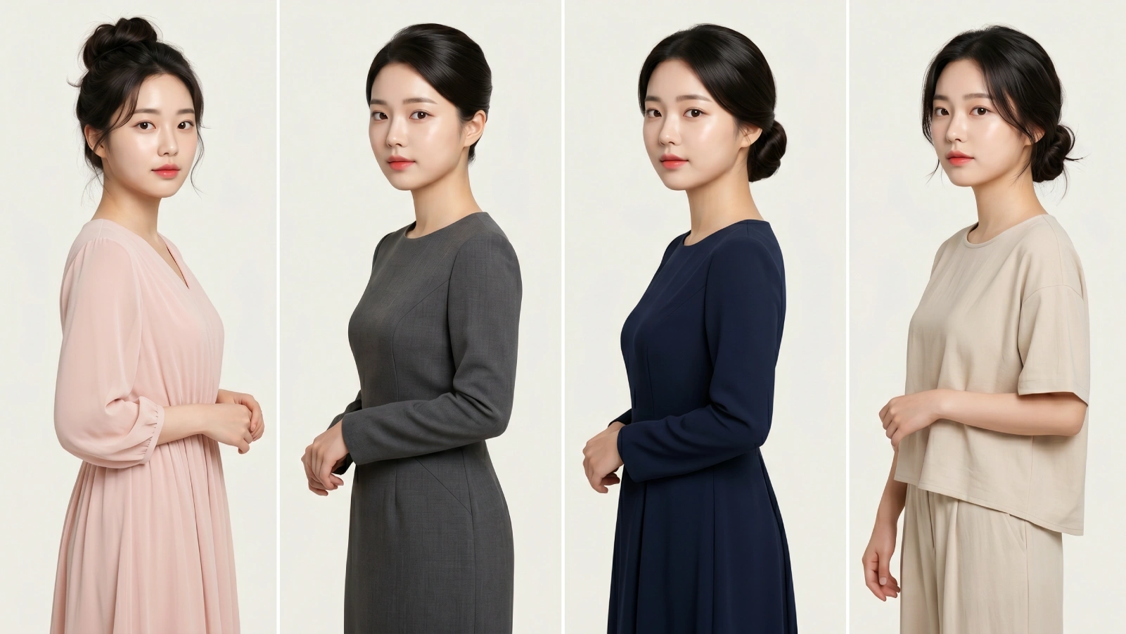 Four banana bun occasion styles shown from side profile: casual updo, sleek office bun, formal low bun, and messy twisted bun