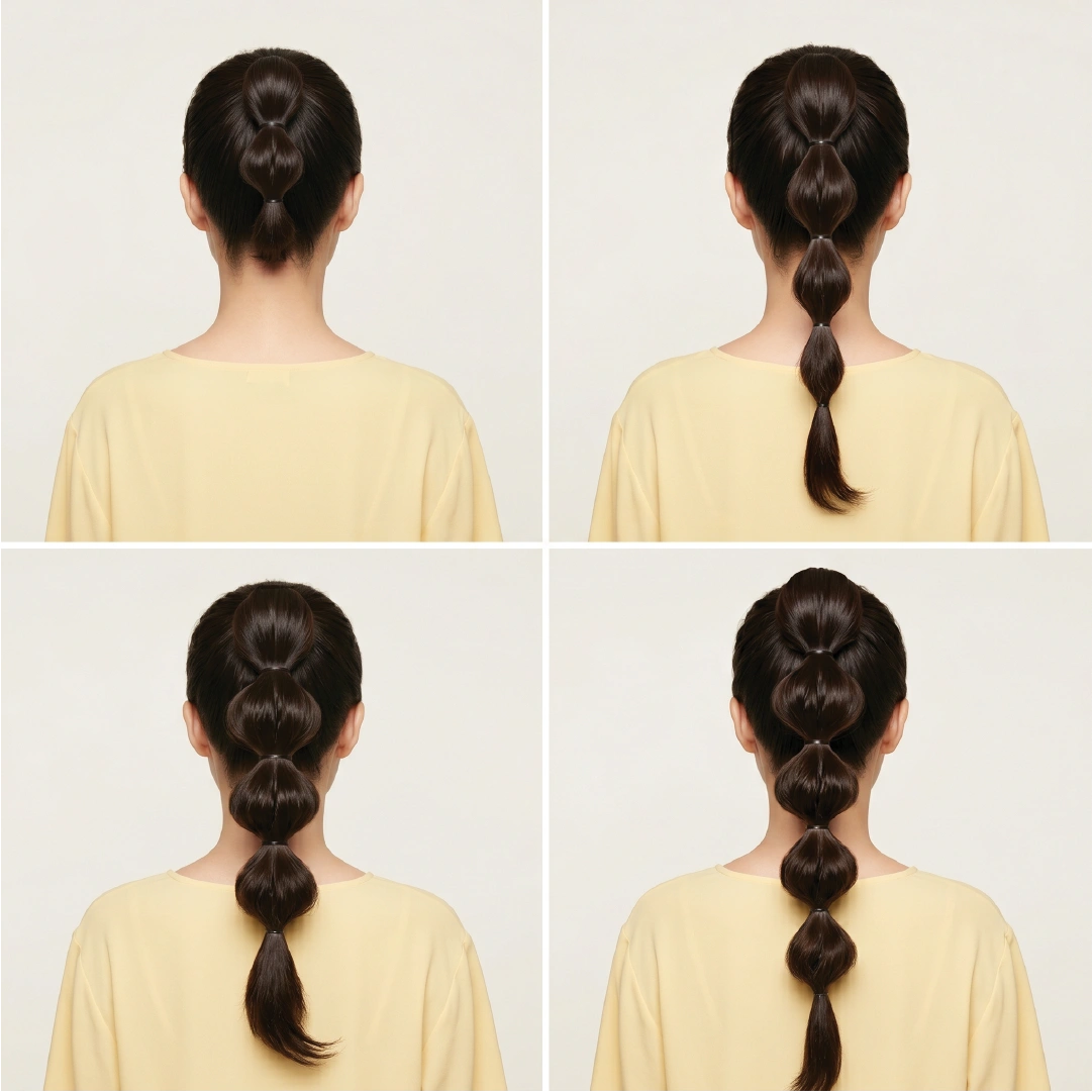 Four bubble ponytail results from back view showing styles on chin-length, collarbone, bra-strap, and waist-length hair