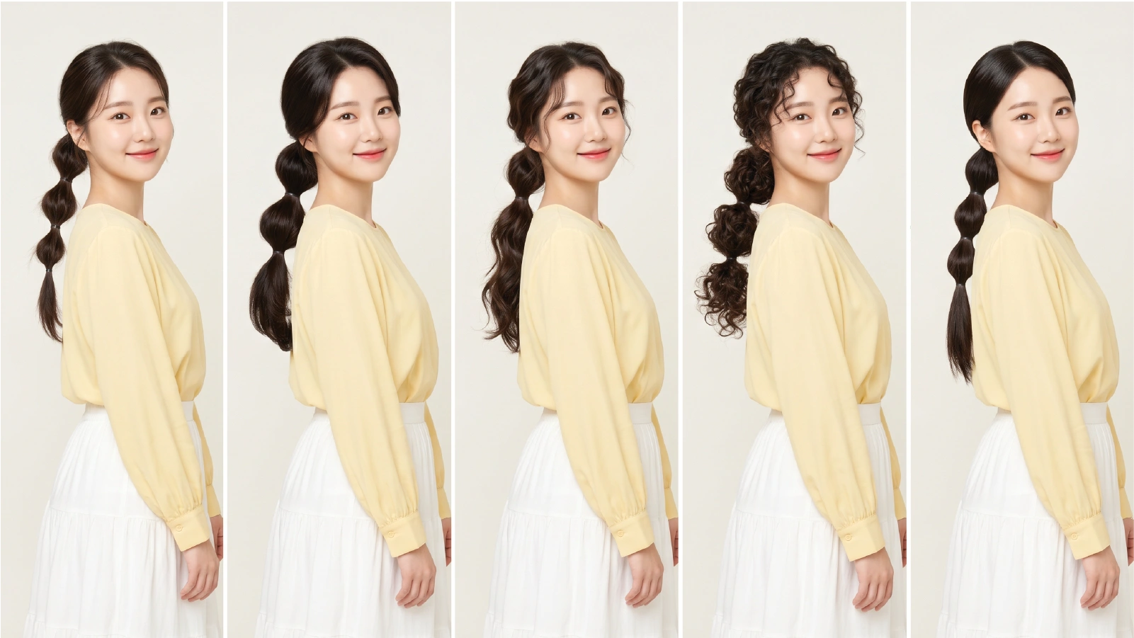Five side-profile bubble ponytail results showing styles on fine, thick, wavy, curly, and straight hair types