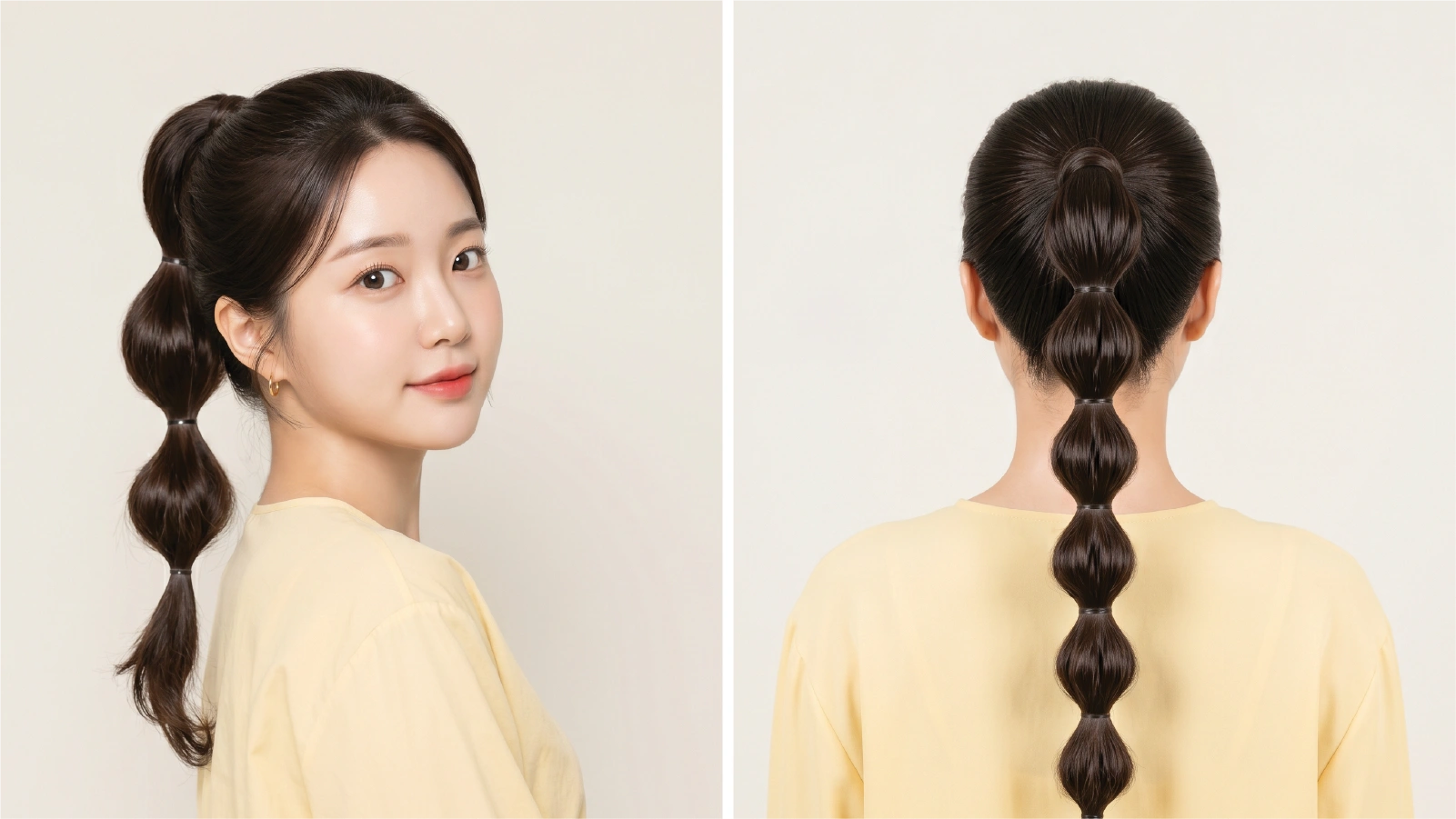Finished bubble ponytail shown from side and back on dark straight hair with evenly spaced rounded sections