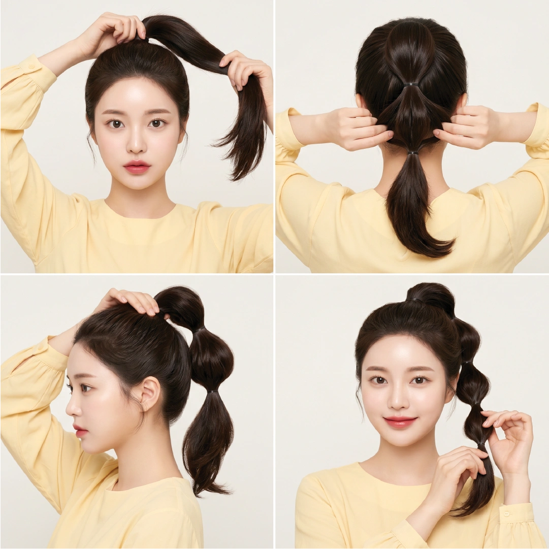 Four-step pull-through bubble ponytail tutorial showing base elastic, second elastic, hair split and feed-through, and finished voluminous bubble from side and front