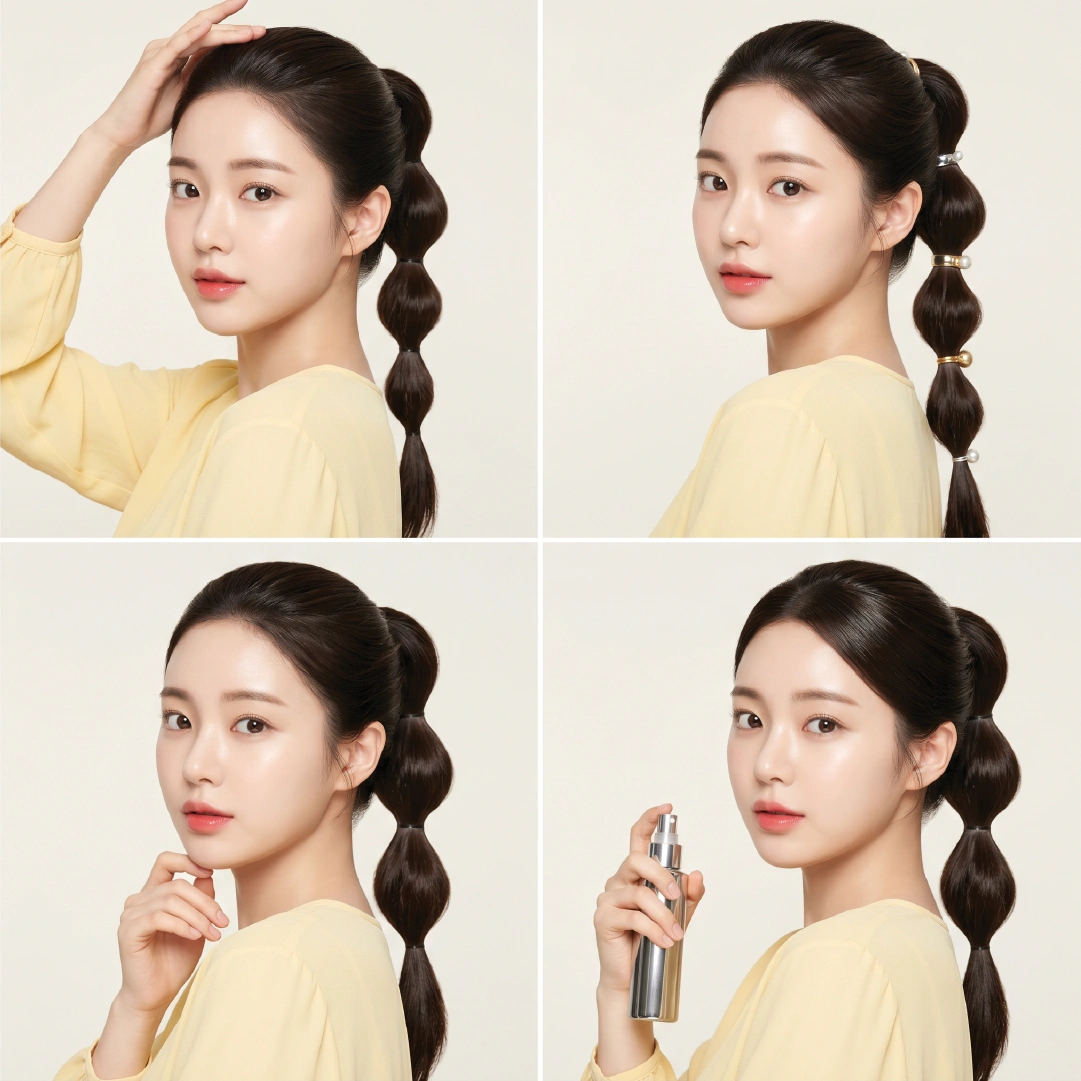 Four side-profile views of sleek high-fashion bubble ponytail showing slicked crown, chrome elastic, pearl elastic, and shine mist finishing