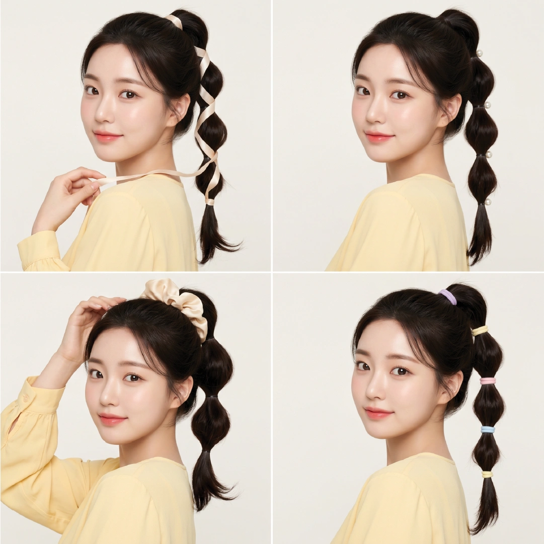 Four side-profile bubble ponytail accessory variations: satin ribbon woven through, pearl pins between bubbles, scrunchie base, and colored elastics