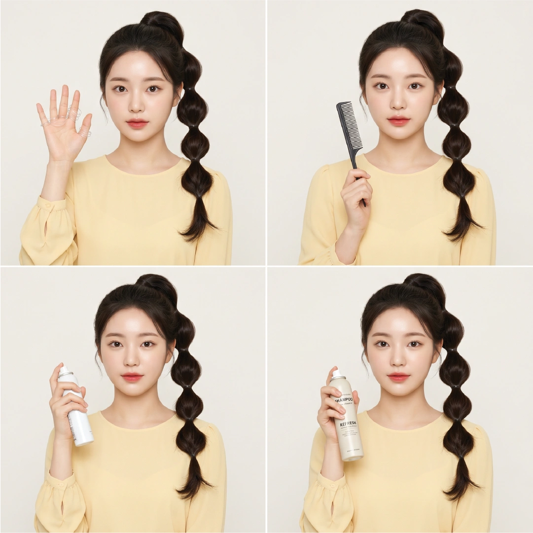 Four front views showing bubble ponytail prep tools: finger spacing, fine-tooth comb, light-hold hairspray, and dry shampoo