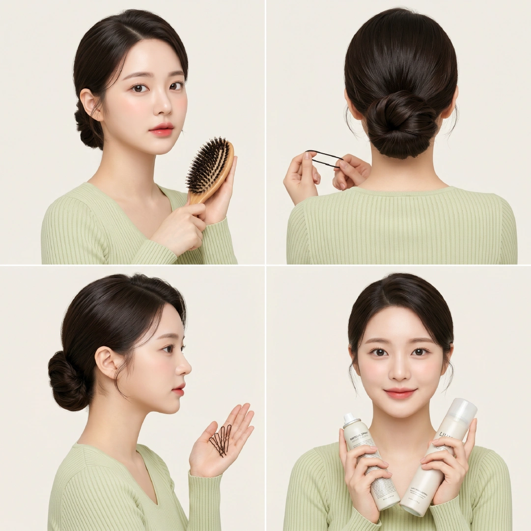 Four chignon bun tool essentials showing boar bristle brush, U-shaped hairpin inserting, bobby pins in palm, and hairspray finishing