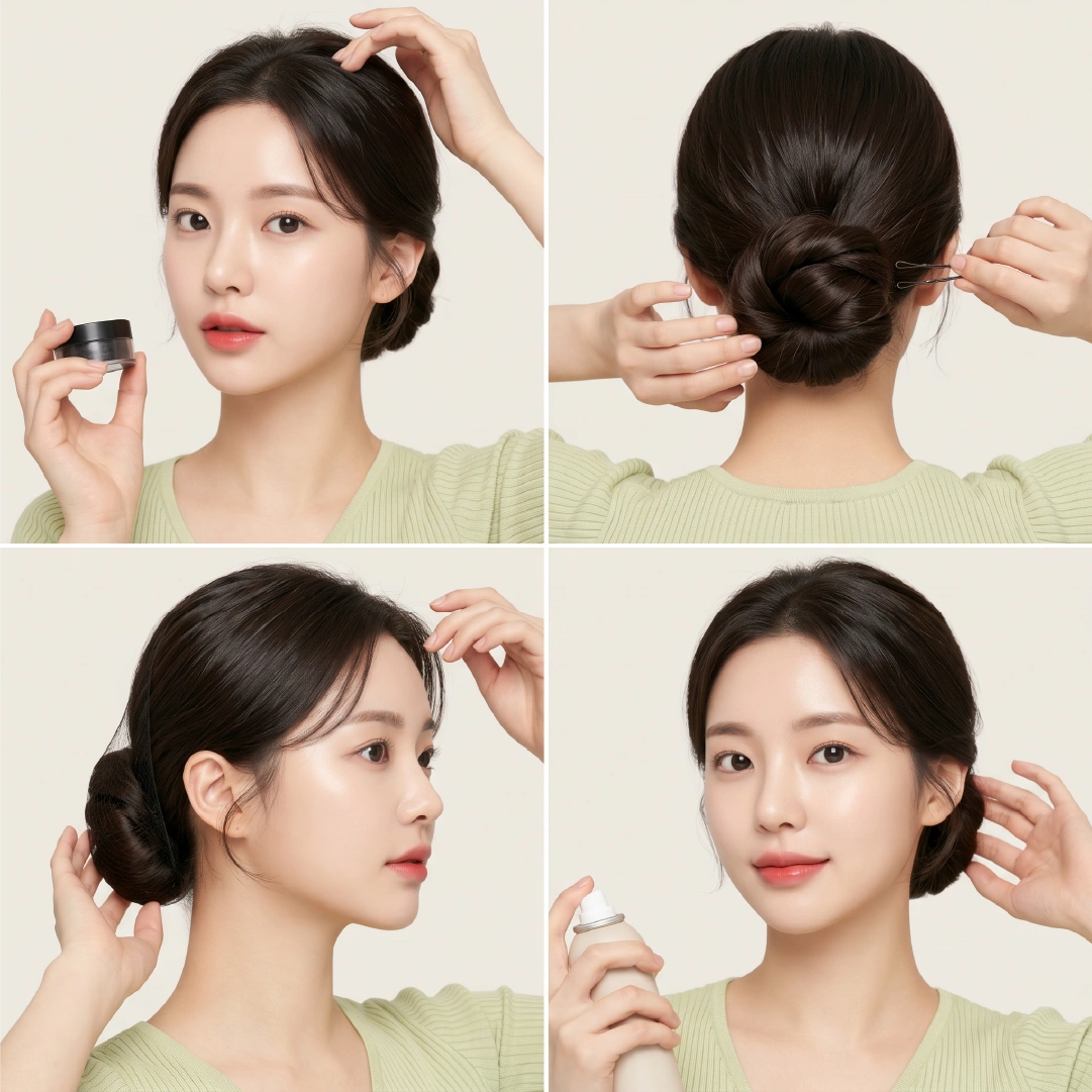 Four-step fine hair chignon fix showing pomade application, U-pin securing from back, side bun adjusting, and hairspray finish