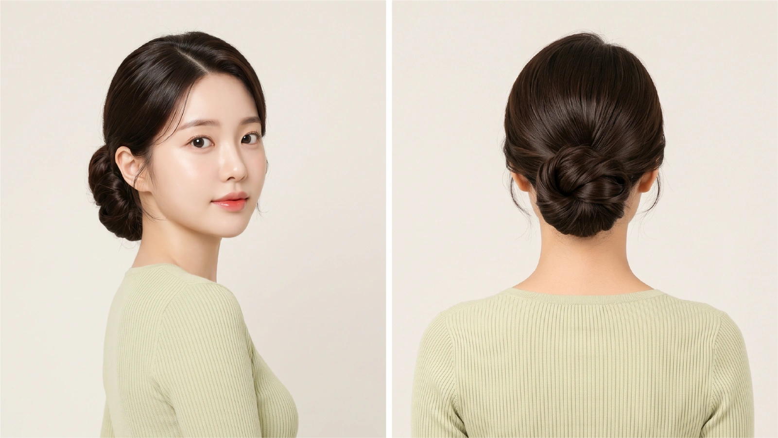 Finished chignon bun shown from side and back on dark straight hair with smooth low coil at the nape