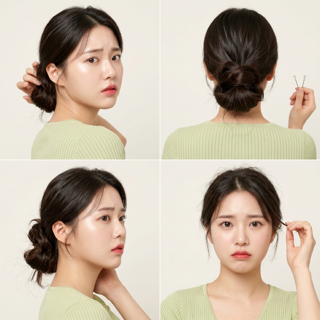 Four images showing common chignon bun hold failures including slippage from side, loose bobby pins from back, sagging side bun, and flyaway front view