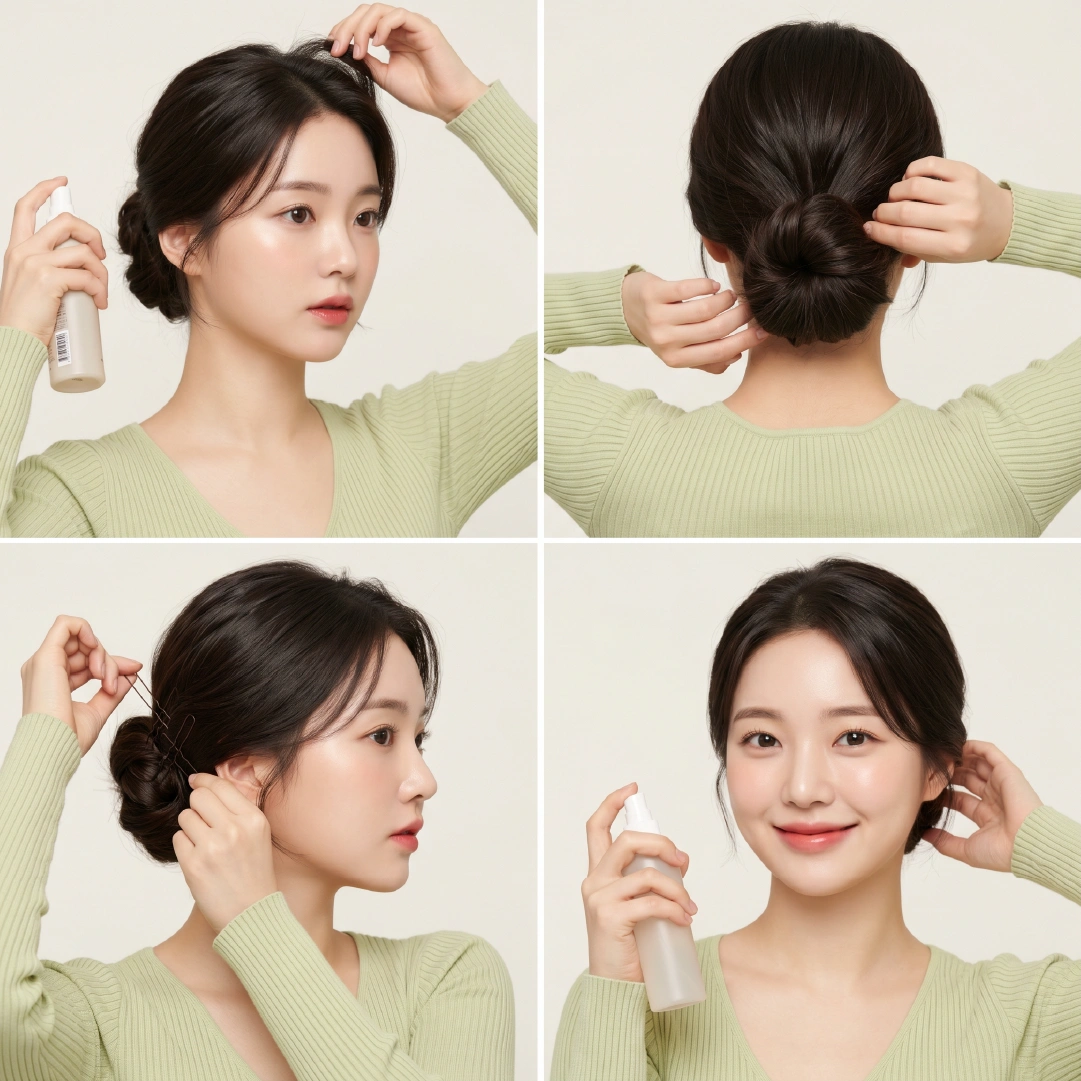 Four-step chignon bun hold guide showing hairspray at roots, bun adjustment from back, side bobby pin crisscross, and finished front with setting spray