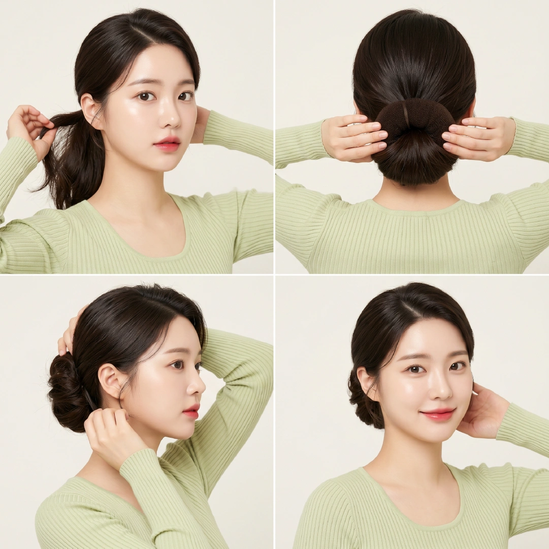 Four-step chignon bun tutorial for short fine hair showing low gathering, foam donut placement from back, side coiling, and finished front view