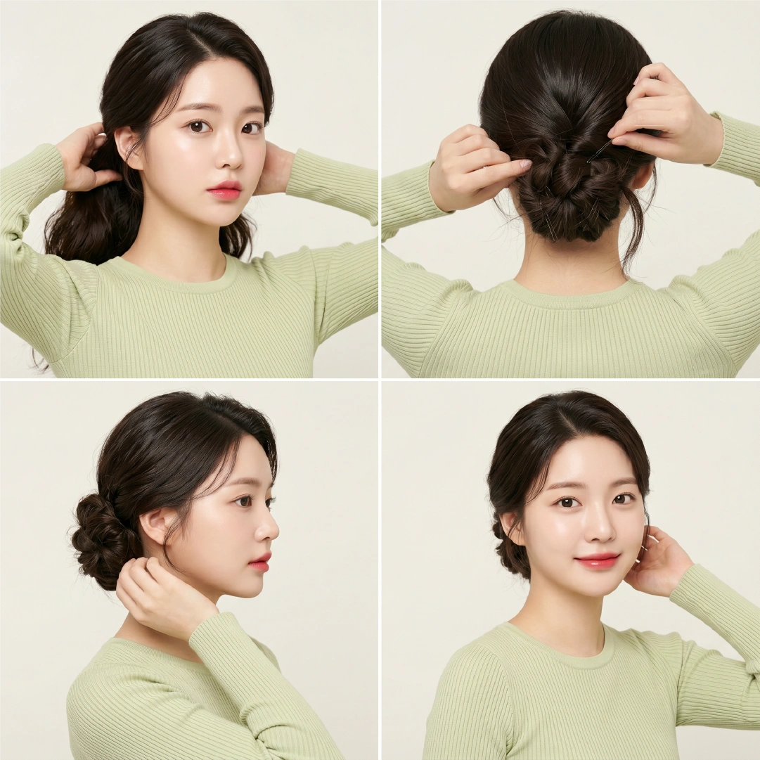 Four-step chignon bun tutorial for thick curly hair showing section gathering, bobby pin securing from back, side coil pinning, and finished front view