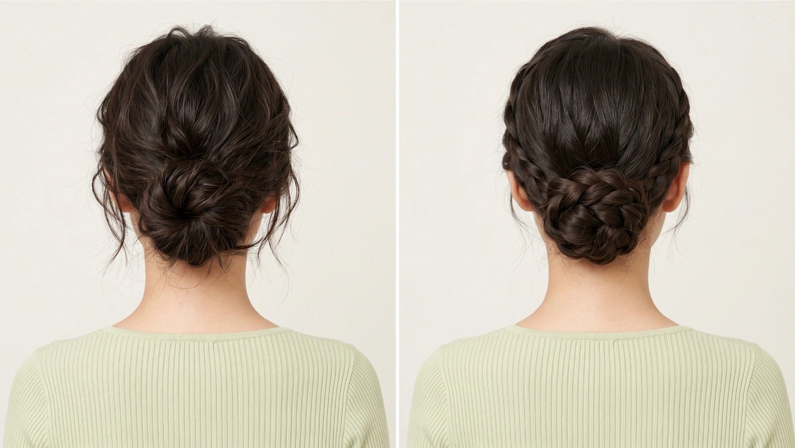 Two chignon bun occasion variations from back view: tousled undone chignon on left and braided chignon on right