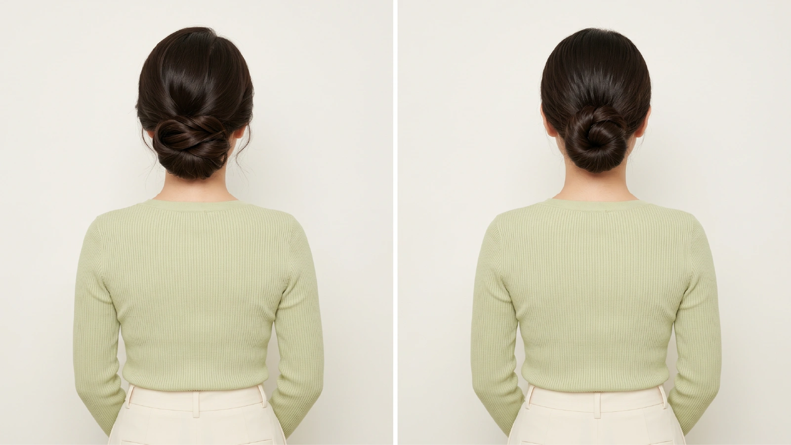 Two chignon bun results from back view showing twisted coiled style on left and sleek knotted style on right