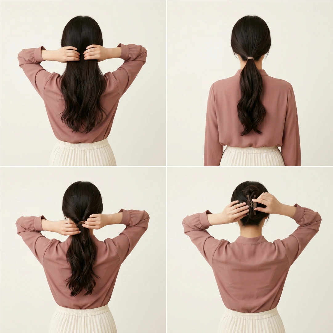 Four-step claw clip bun tutorial showing elastic anchor method with loose ponytail secured before clipping for all-day hold