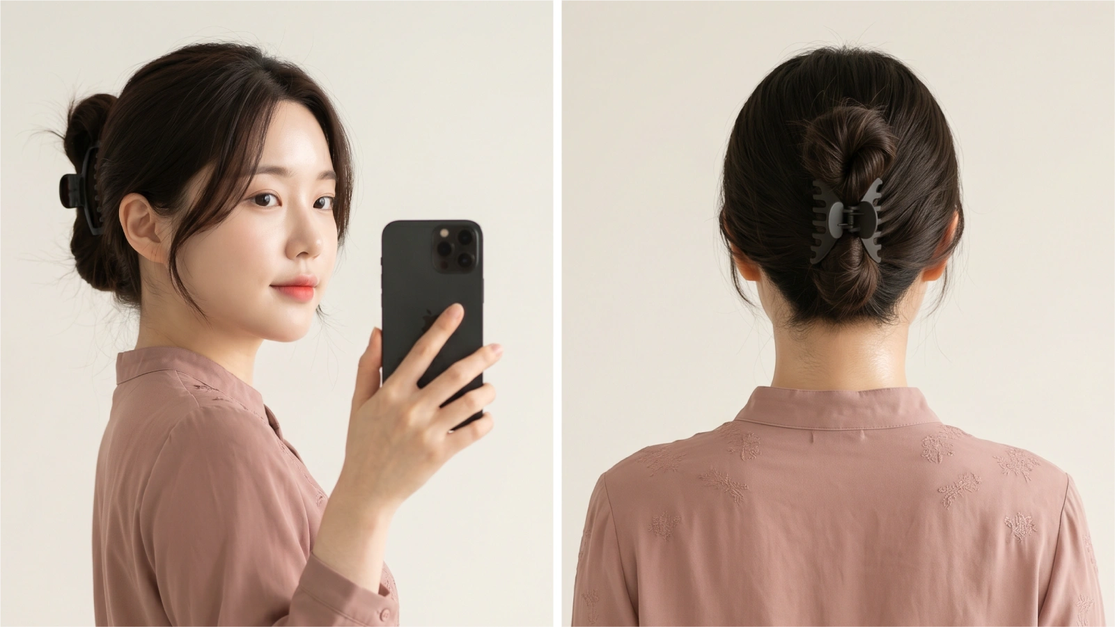 Finished claw clip bun at the nape shown from side and back on dark straight hair