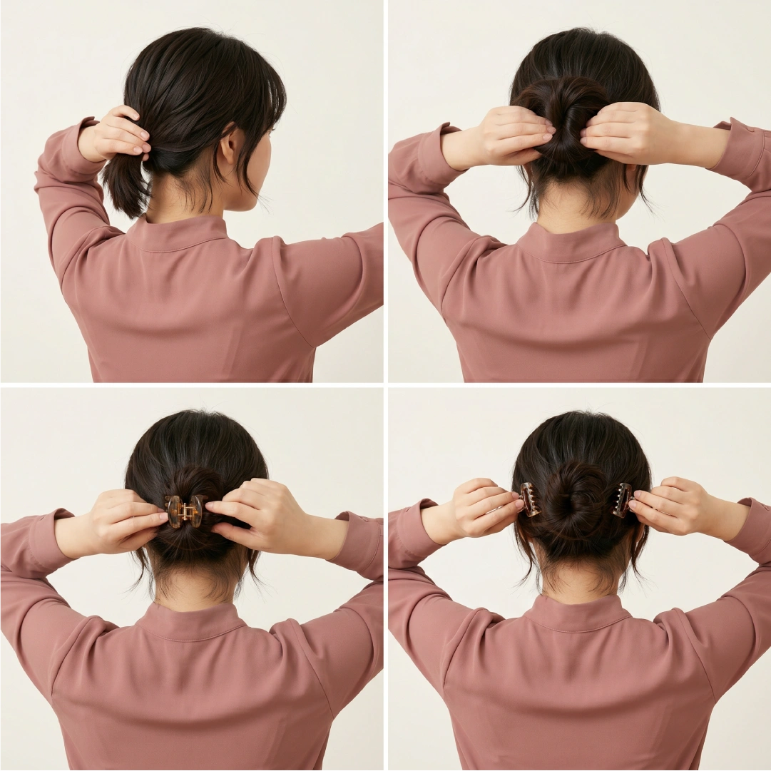 Four-step claw clip bun for short hair using small clip, folded loop method, texture spray, and double-clip technique for extra hold
