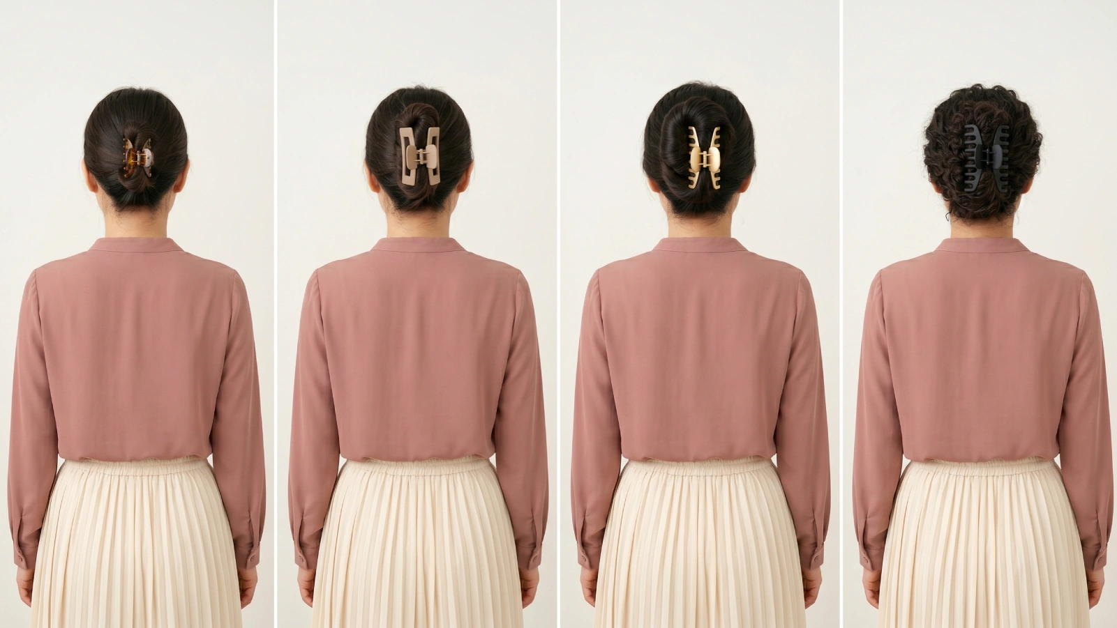 Four claw clip bun styles from back showing small tortoiseshell, rectangular, butterfly, and large black clips for different hair types