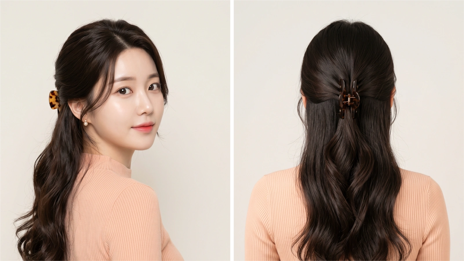 Finished claw clip ponytail shown from side and back on dark wavy hair with tortoiseshell clip at mid-height