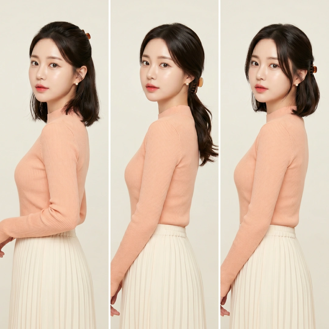 Three side-profile claw clip ponytail styles for short hair showing chin-length half-up, shoulder-length low pony, and bob double-clip look
