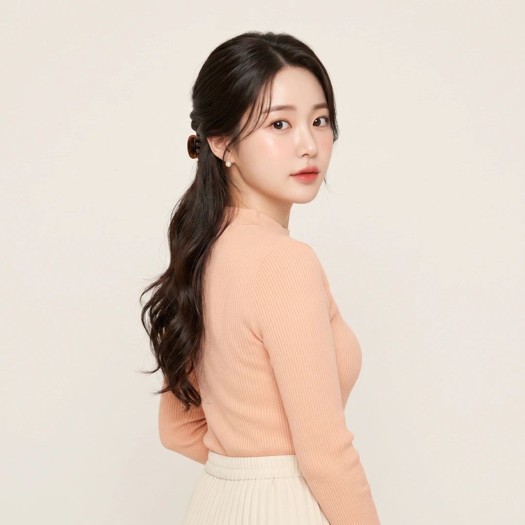 Side view of finished knot-and-clip claw clip ponytail on dark wavy hair showing structural knot base secured under tortoiseshell clip