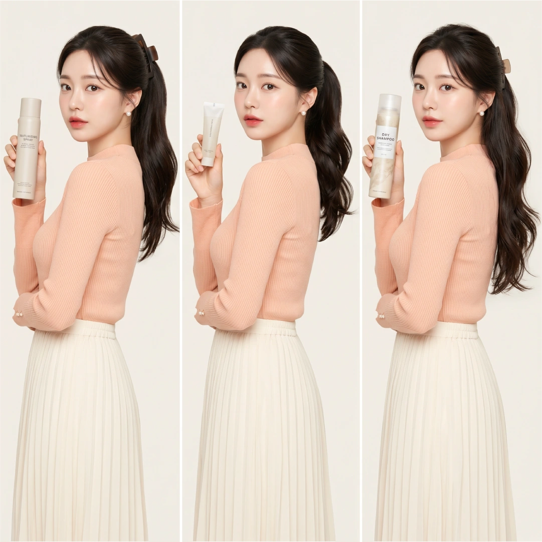 Three side-profile views of claw clip ponytail showing texturizing spray, light-hold gel, and dry shampoo prep products