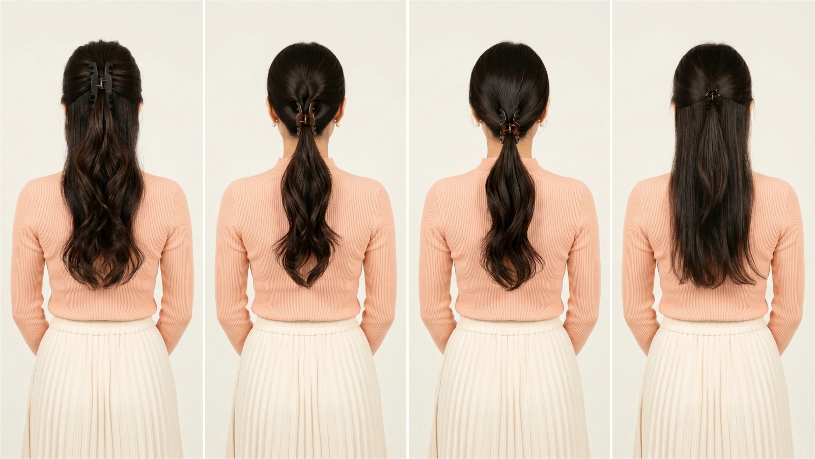 Four claw clip ponytail placements from back view showing high, mid-height, low, and half-up positions with different clip sizes