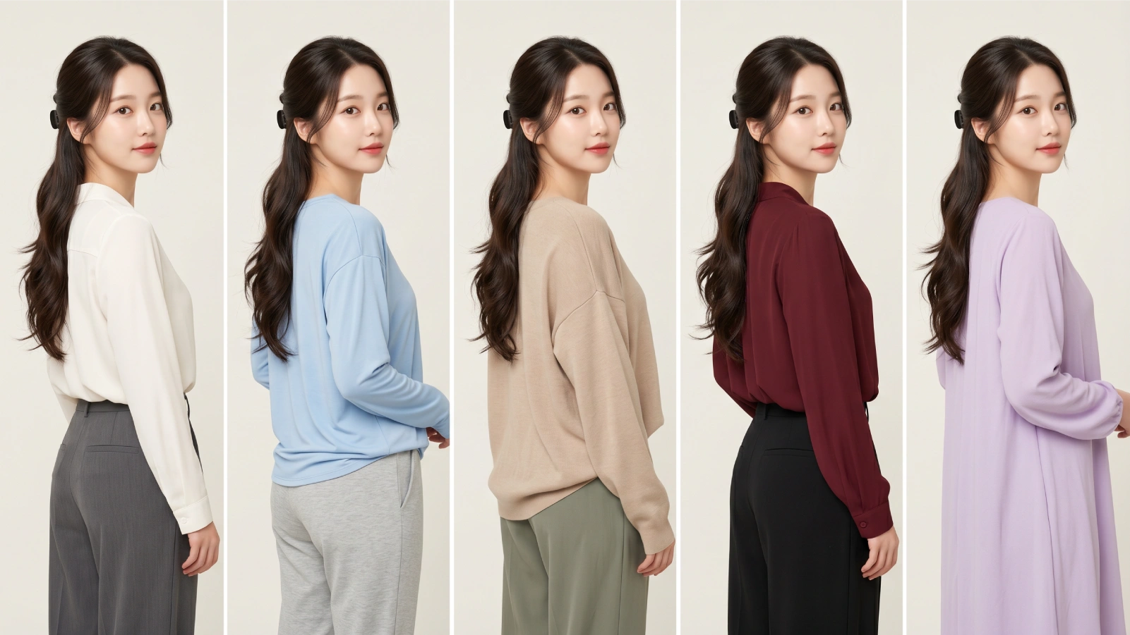 Five side-profile claw clip ponytail occasion styles: office sleek, gym high, casual messy, evening low side, and festival half-up with waves