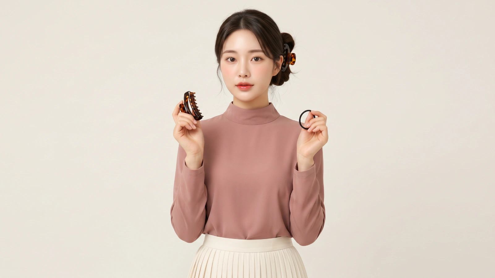 Woman holding a tortoiseshell claw clip and black hair elastic showing the difference in hair pressure and breakage risk