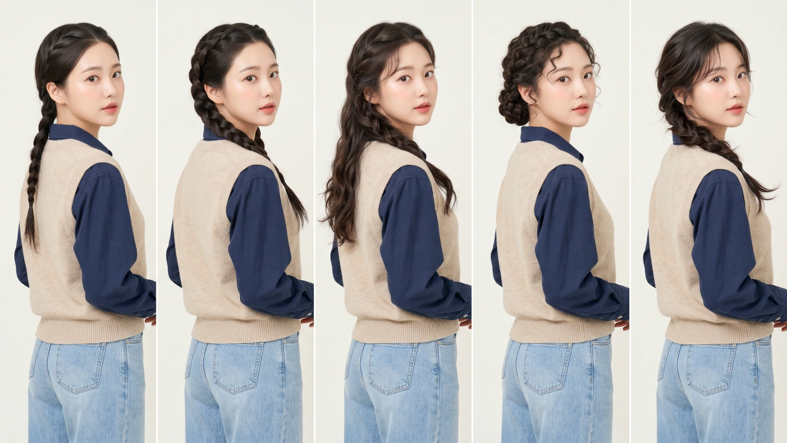 Five side-profile french braid results showing styles on fine straight, thick straight, wavy, curly, and layered hair types