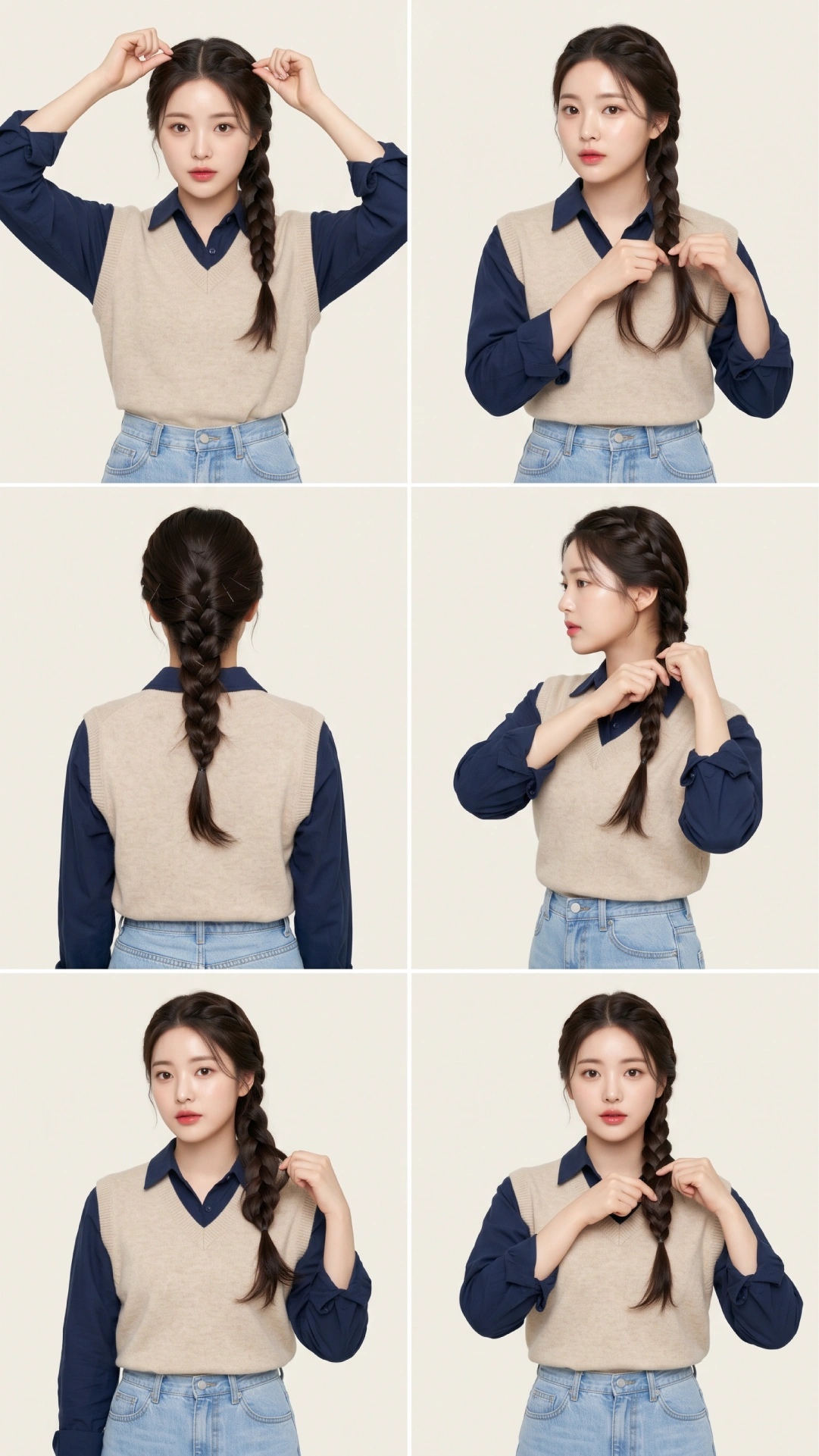 Six-step french braid mistake guide showing uneven section fix, tension re-tightening, bobby pin flyaway control, elbow rest technique, pancaking for softness, and over-under strand correction