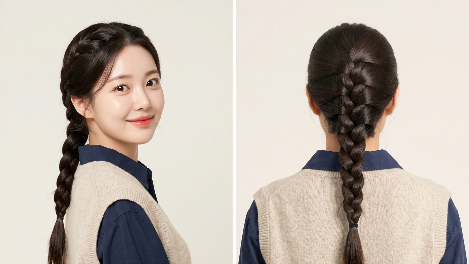 Finished french braid shown from side and back on dark straight hair with scalp-hugging plait from crown to nape