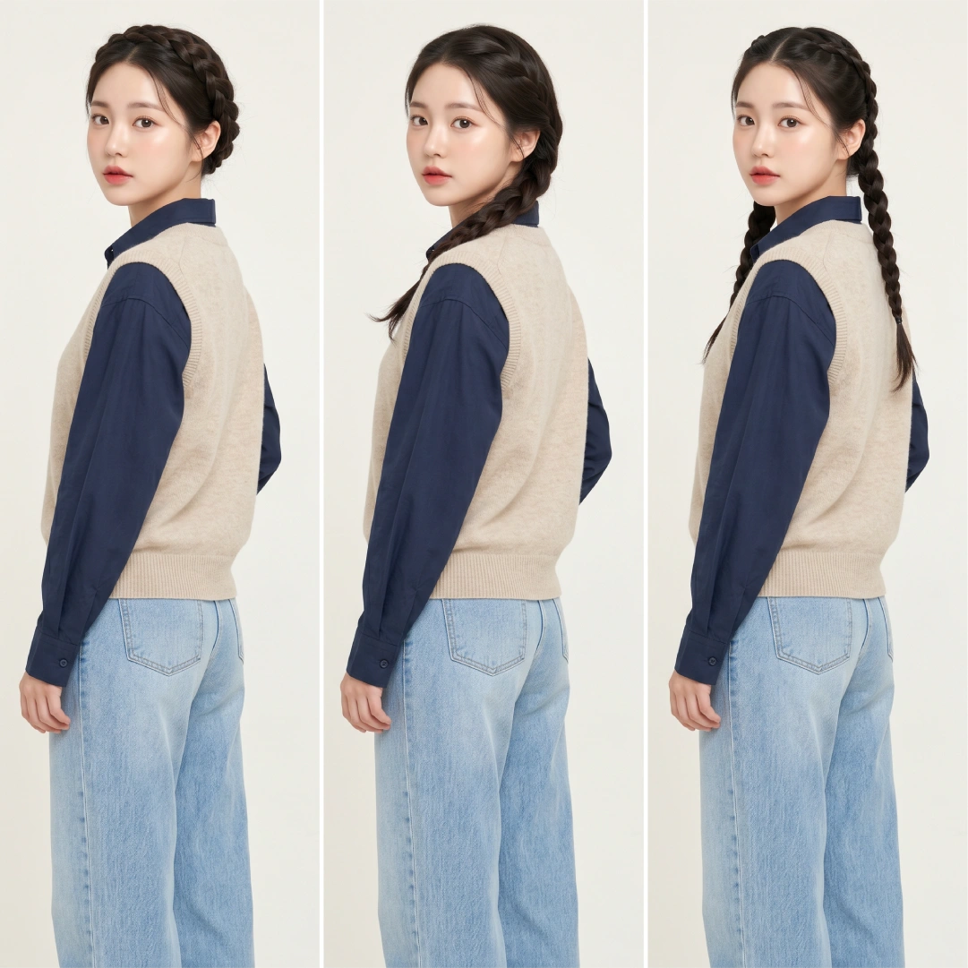 Three side-profile french braid variations: double center-parted braids, diagonal side braid, and crown ear-to-ear braid